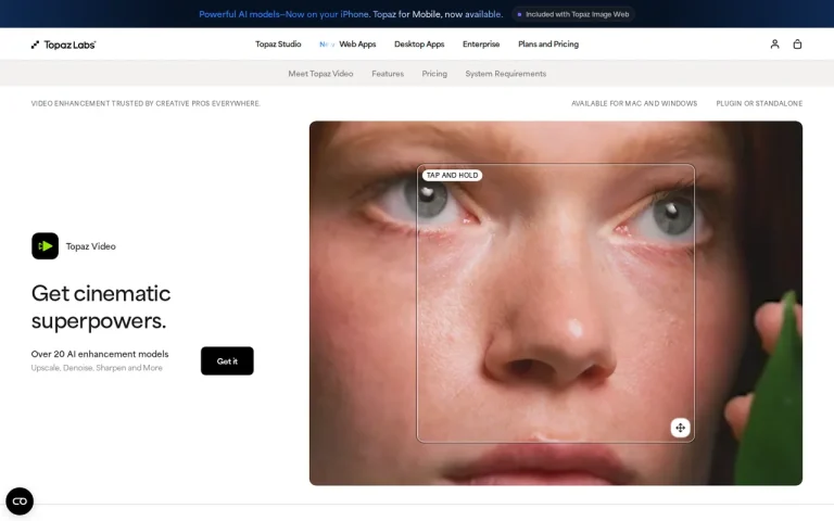 Topaz Video homepage screenshot showing the official landing page