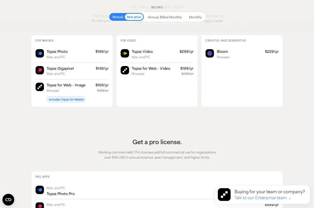 Topaz single-app pricing showing desktop Topaz Video at 299 dollars per year