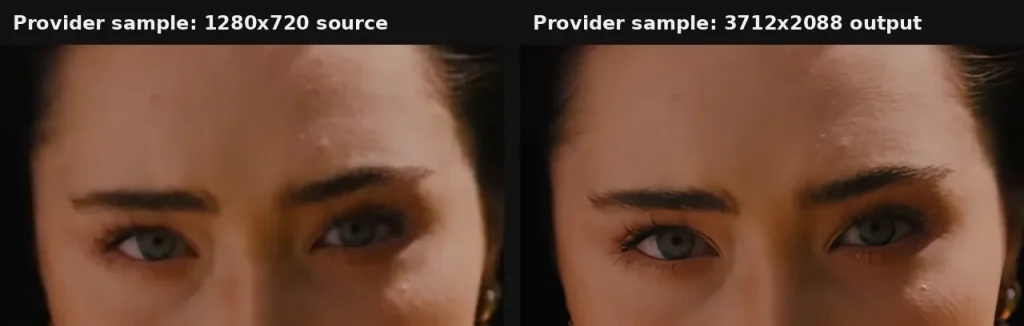 Same frame from Topaz Labs demo clips: 1280x720 source crop beside the upscaled 3712x2088 provider output, showing sharper eyelashes and skin texture