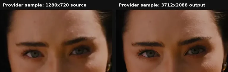 Same frame from Topaz Labs demo clips: 1280x720 source crop beside the upscaled 3712x2088 provider output, showing sharper eyelashes and skin texture