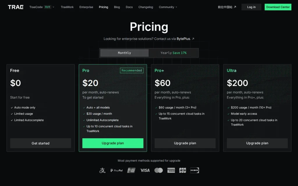 TRAE official pricing page screenshot with plan names