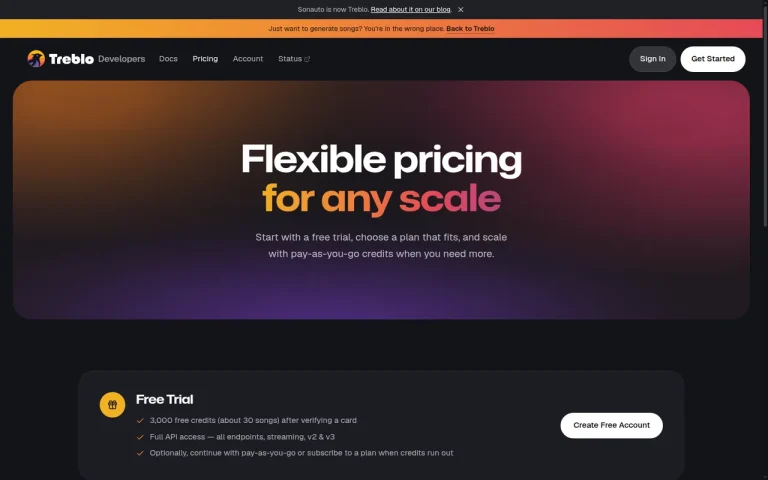 Treblo official pricing page screenshot with plan names