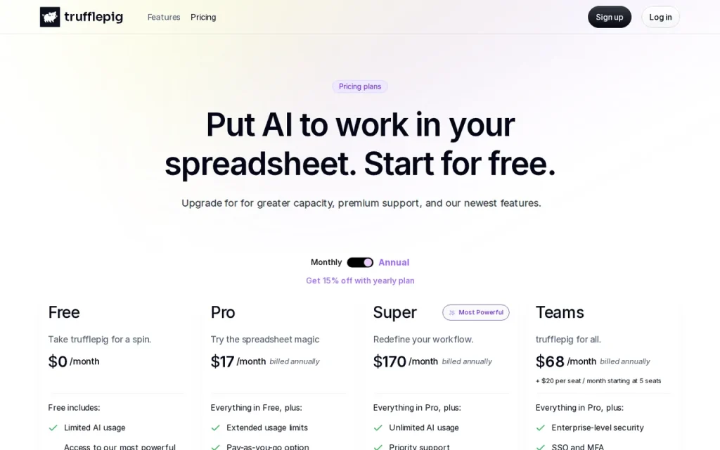 trufflepig official pricing page screenshot with plan names