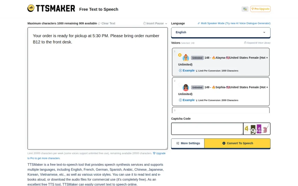 TTSMaker converter with a pickup-message sample, remaining-character counter at 909 and voice cards listing 1,000 and 2,000 character limits per conversion