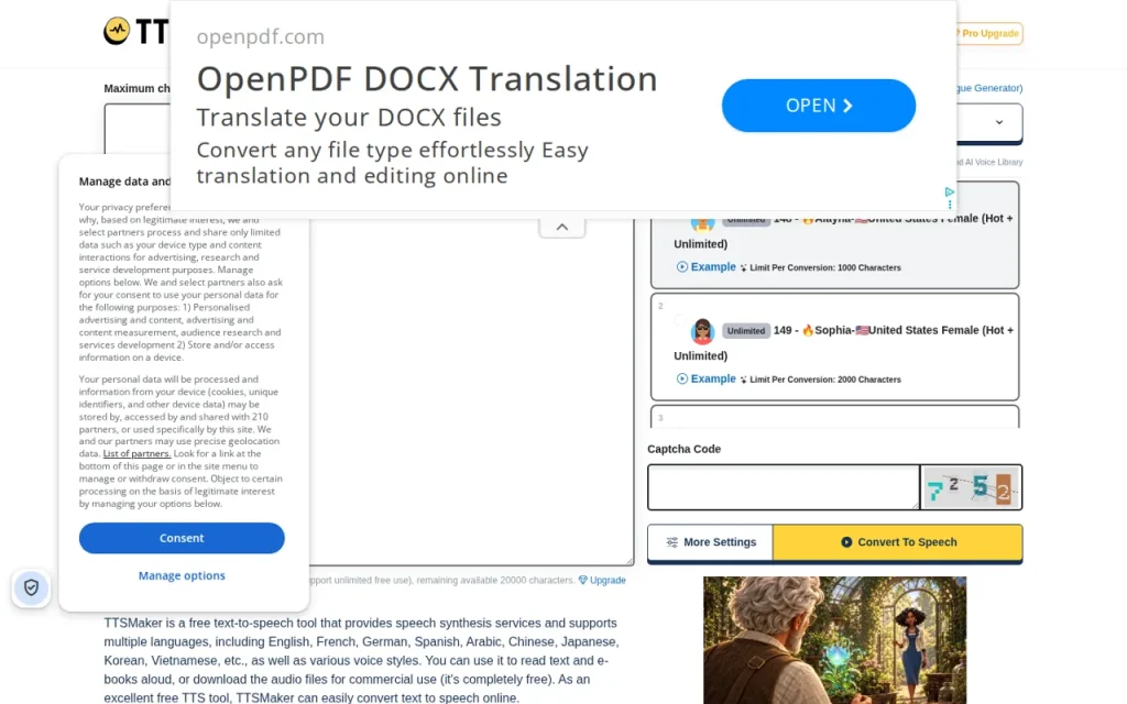 TTSMaker free text to speech page with text box, language selector, voice list with per-conversion limits and captcha field