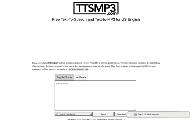 TTSMP3 homepage screenshot showing the official landing page