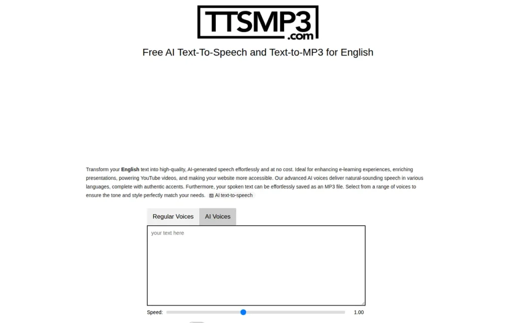 TTSMP3 features page screenshot showing the product interface