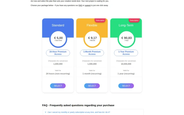 TTSMP3 official pricing page screenshot with plan names