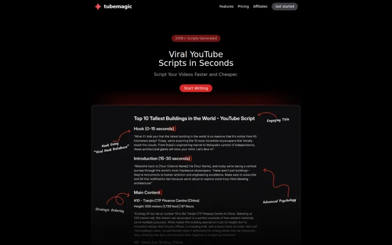 TubeMagic homepage screenshot showing the official landing page