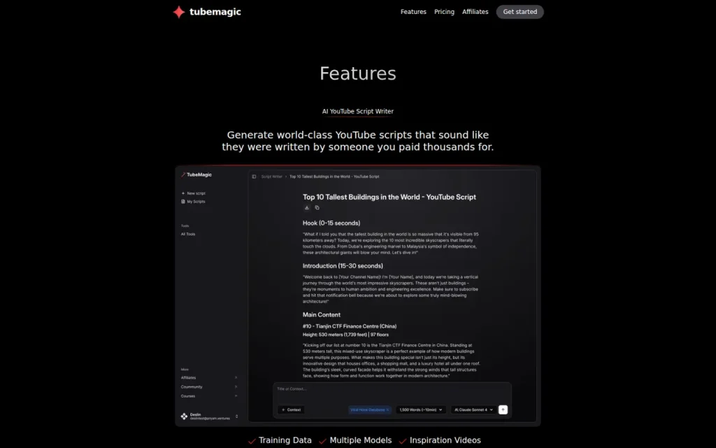 TubeMagic features page screenshot showing the product interface