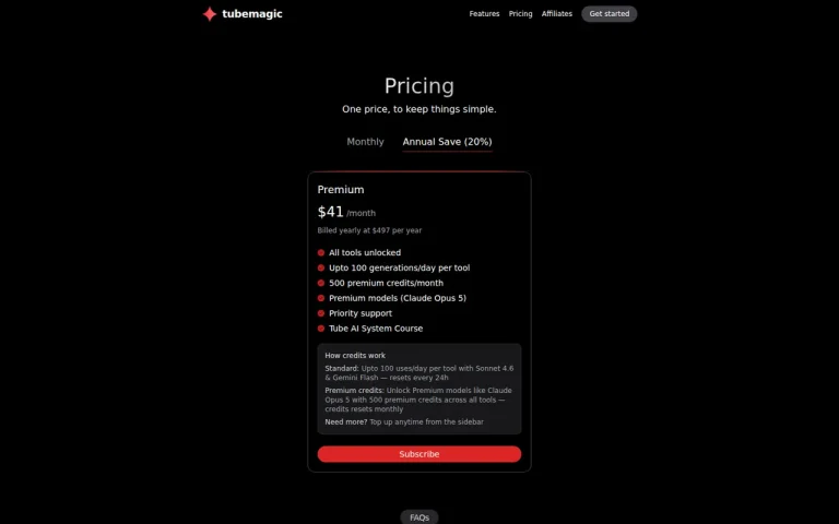 TubeMagic official pricing page screenshot with plan names