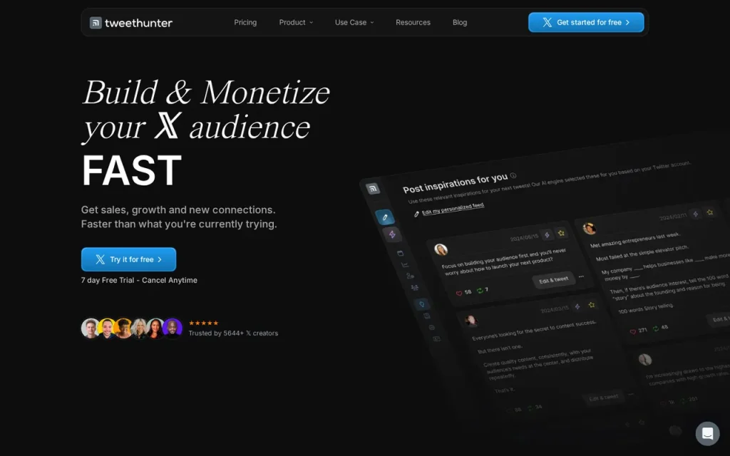 Tweet Hunter homepage screenshot showing the official landing page