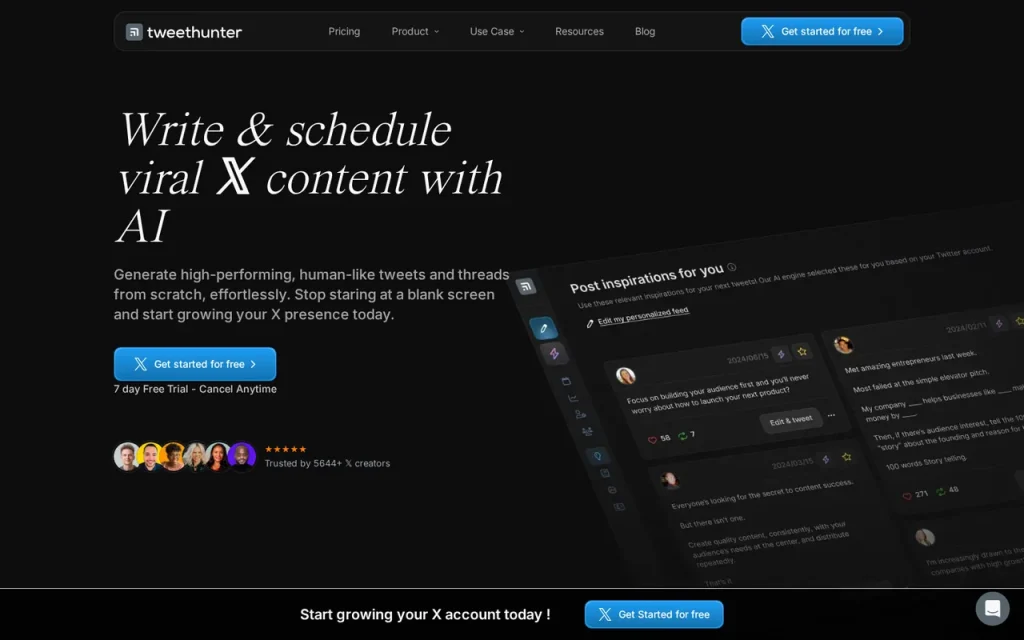 Tweet Hunter features page screenshot showing the product interface