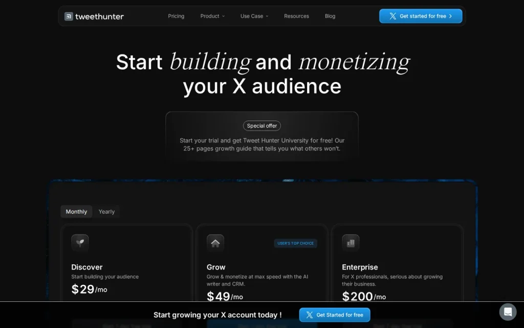 Tweet Hunter official pricing page screenshot with plan names