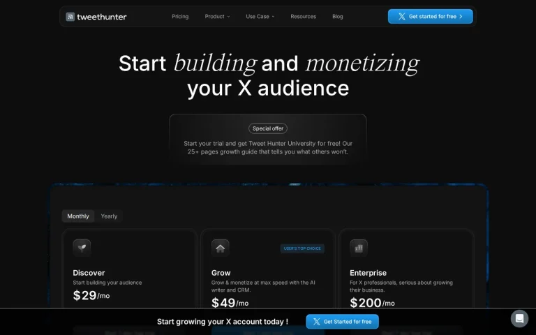 Tweet Hunter official pricing page screenshot with plan names