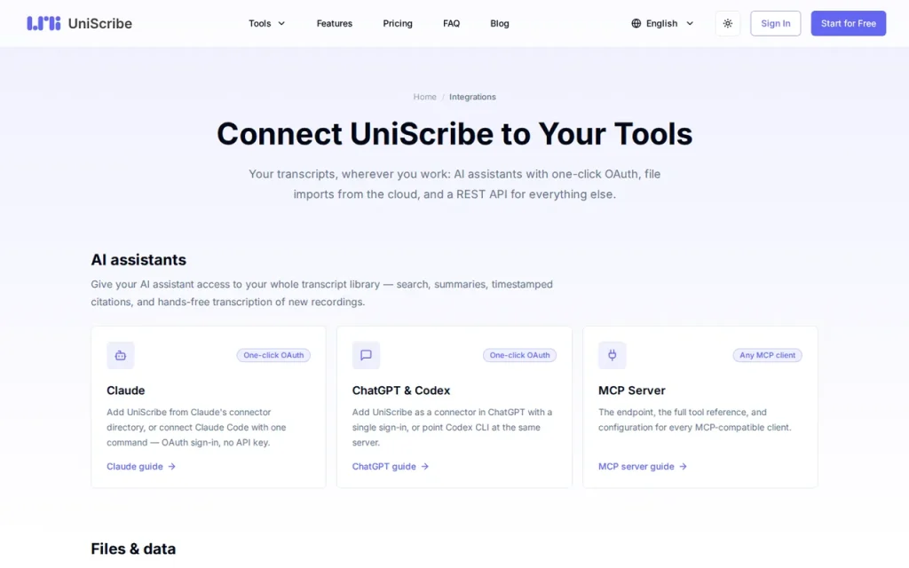 UniScribe features page screenshot showing the product interface