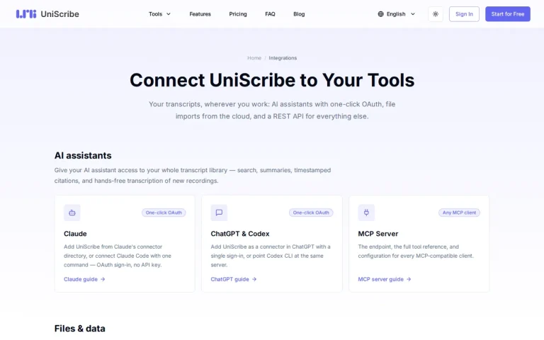 UniScribe features page screenshot showing the product interface