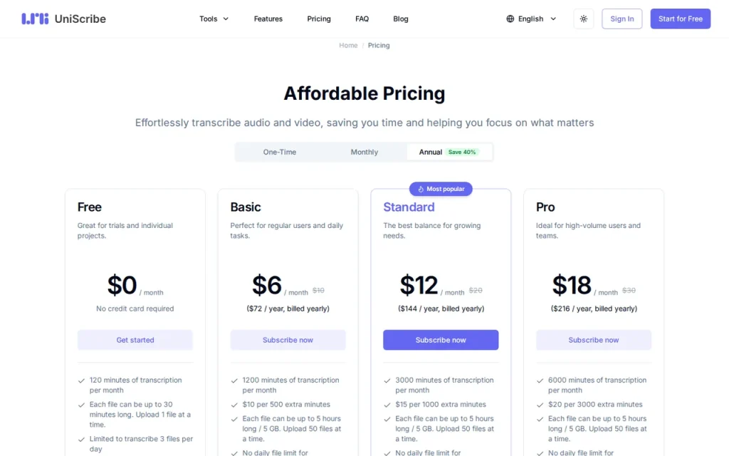 UniScribe official pricing page screenshot with plan names