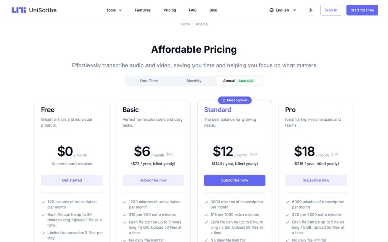 UniScribe official pricing page screenshot with plan names