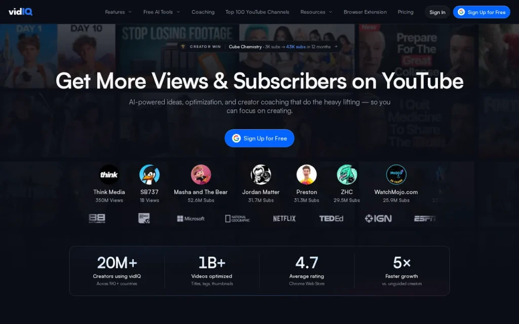 vidIQ homepage screenshot showing the official landing page