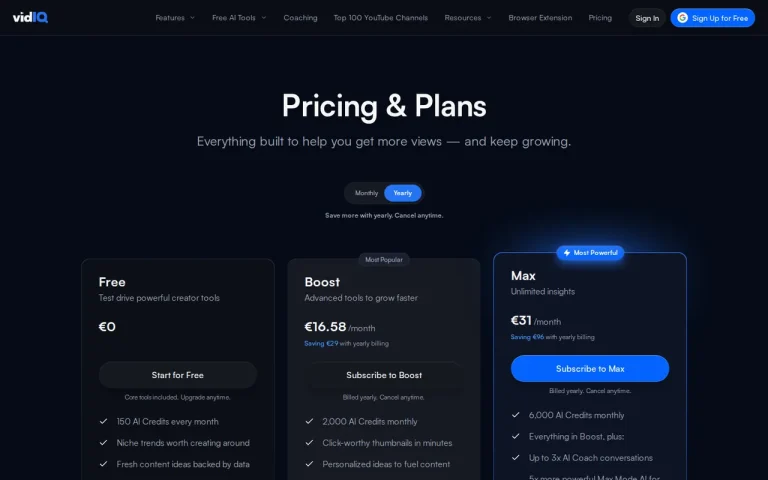 vidIQ official pricing page screenshot with plan names