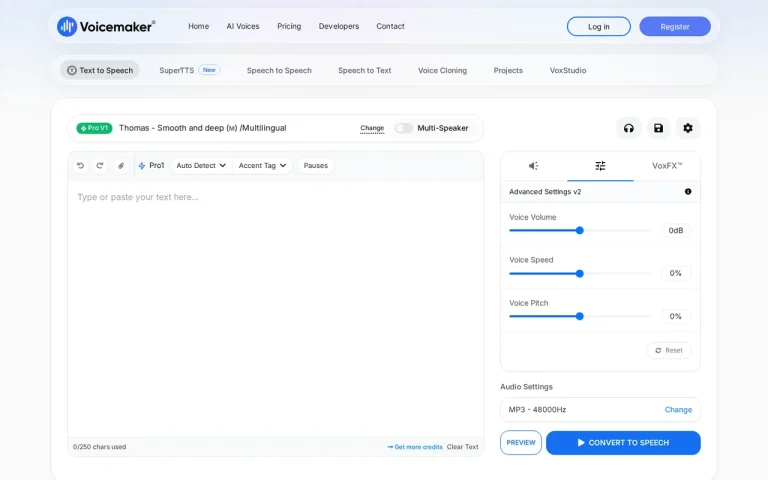 Voicemaker homepage screenshot showing the official landing page