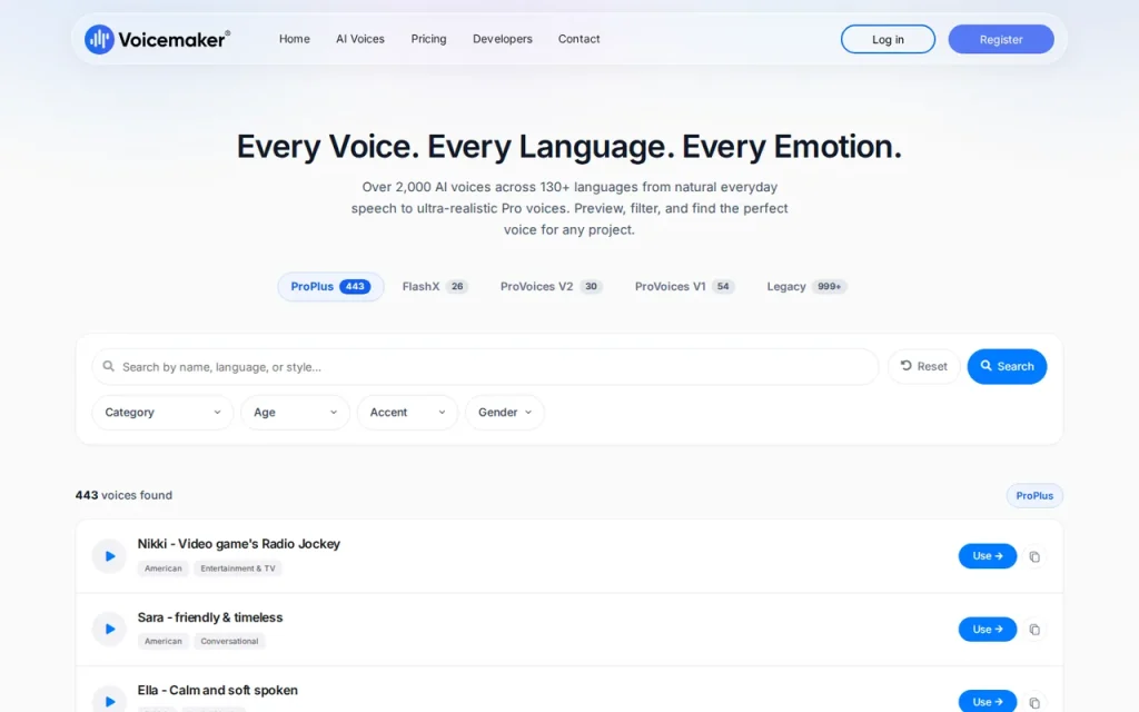 Voicemaker features page screenshot showing the product interface