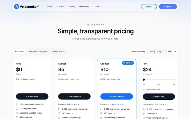 Voicemaker official pricing page screenshot with plan names