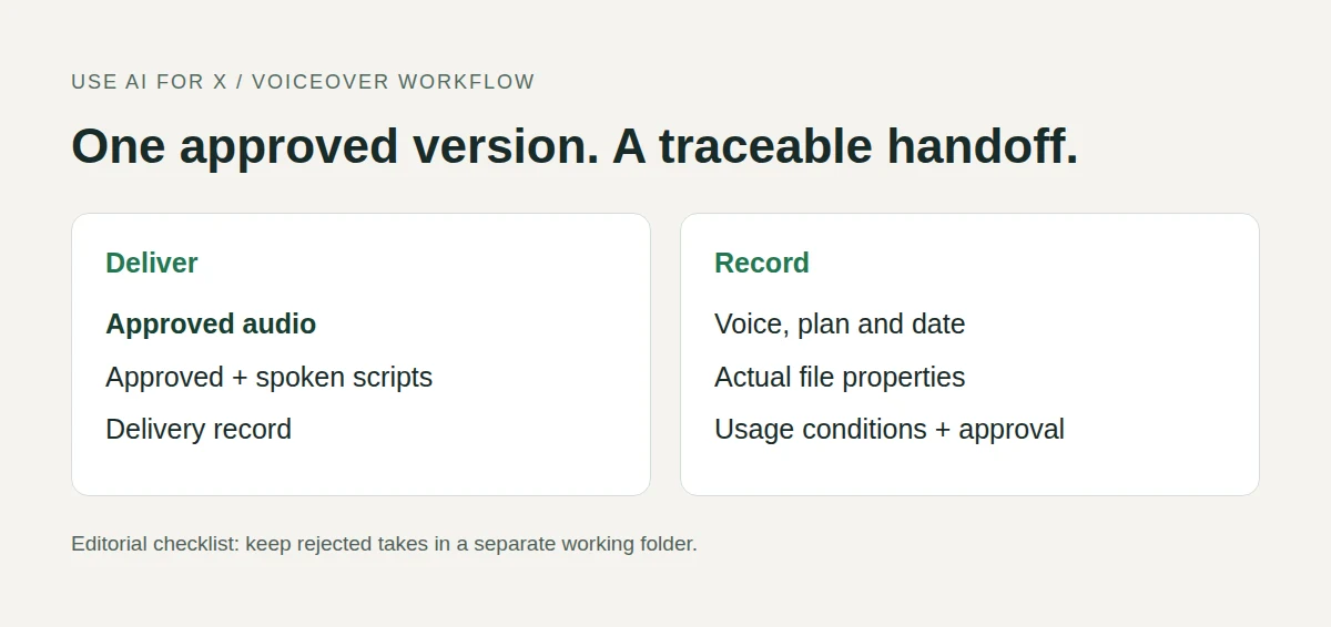 Editorial handoff diagram showing the approved audio, two scripts and production record