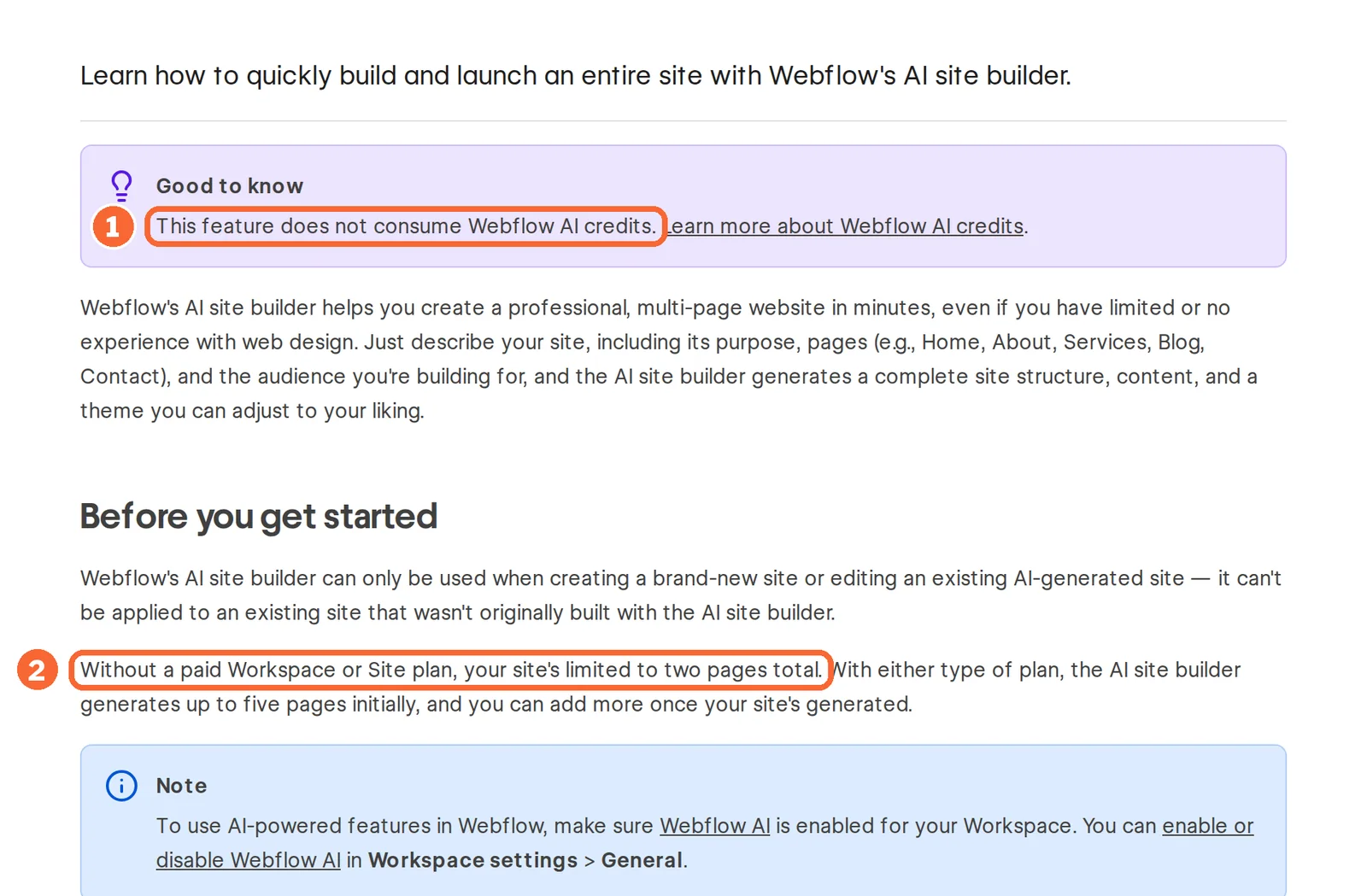 Webflow Help Center AI site builder article with the no-credit note and the two-page limit without a paid plan marked
