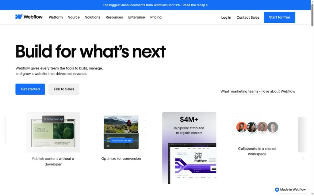 Webflow homepage screenshot showing the official landing page