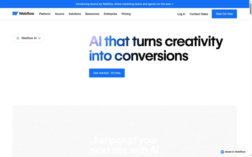 Webflow features page screenshot showing the product interface