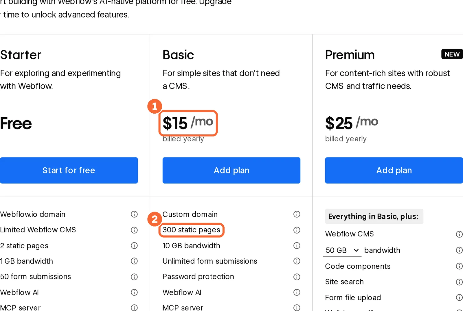 Webflow pricing page Basic site plan with $15 a month billed yearly and 300 static pages marked