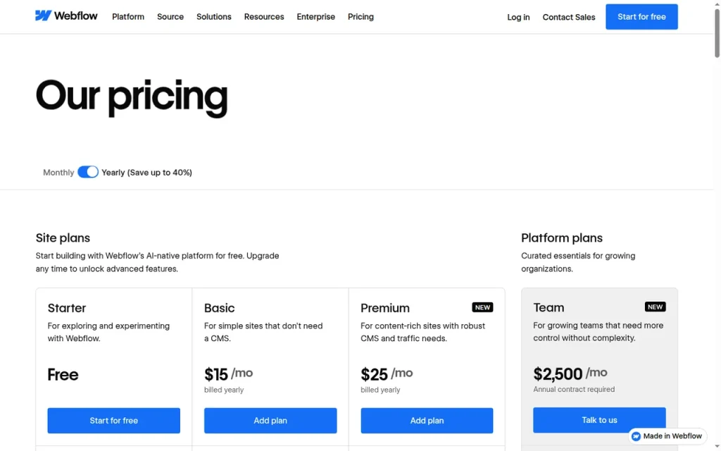 Webflow official pricing page screenshot with plan names