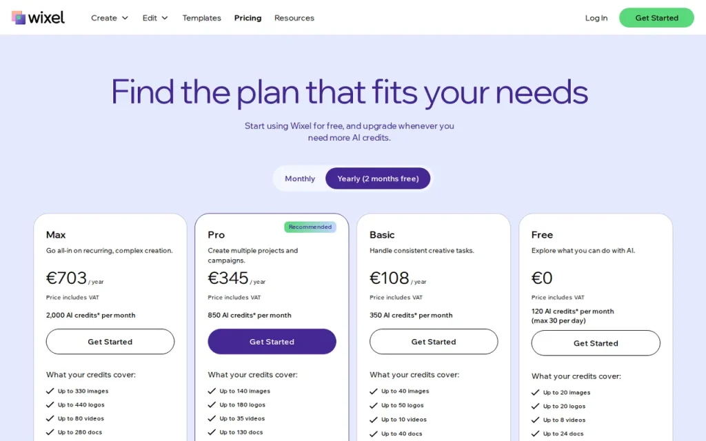 Wixel official pricing page screenshot with plan names