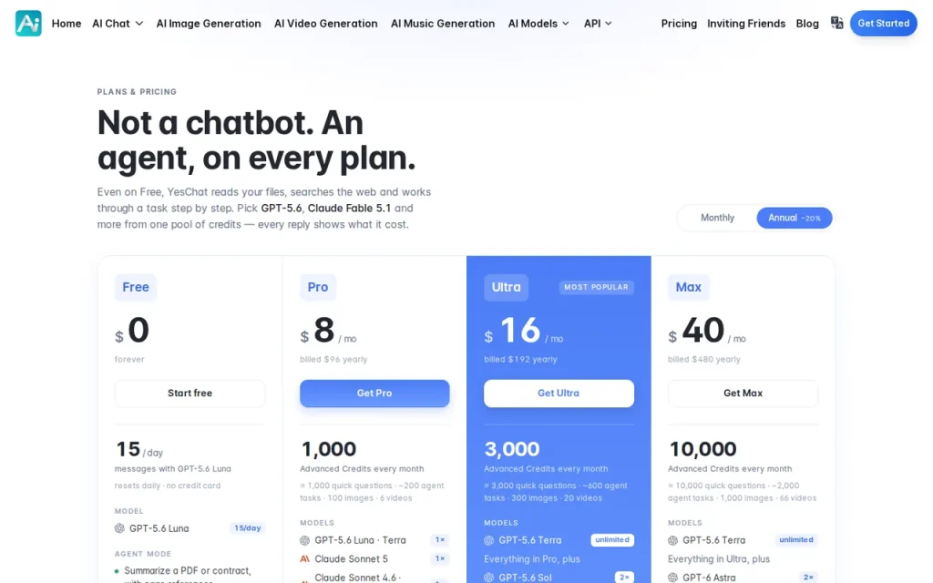 YesChat official pricing page screenshot with plan names