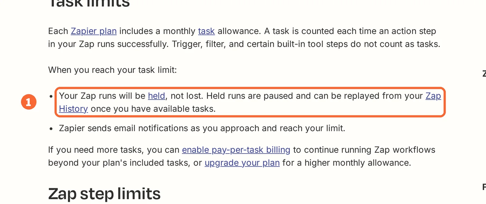 Zapier Help Center Zap limits article with the sentence that runs are held and can be replayed marked