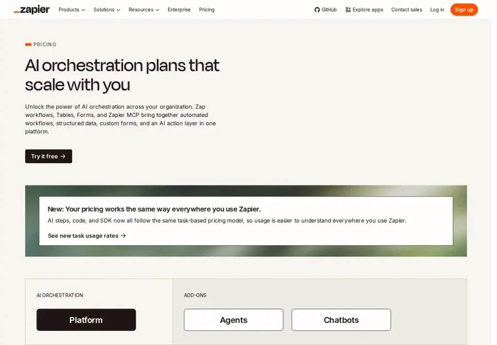 Screenshot of the official Zapier pricing page, September 2026