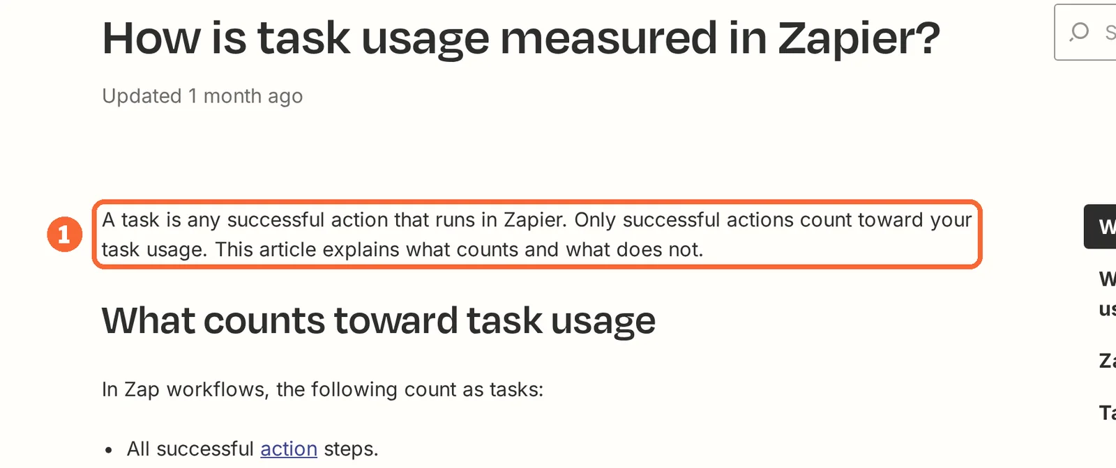 Zapier Help Center task usage article with the sentence that only successful actions count marked