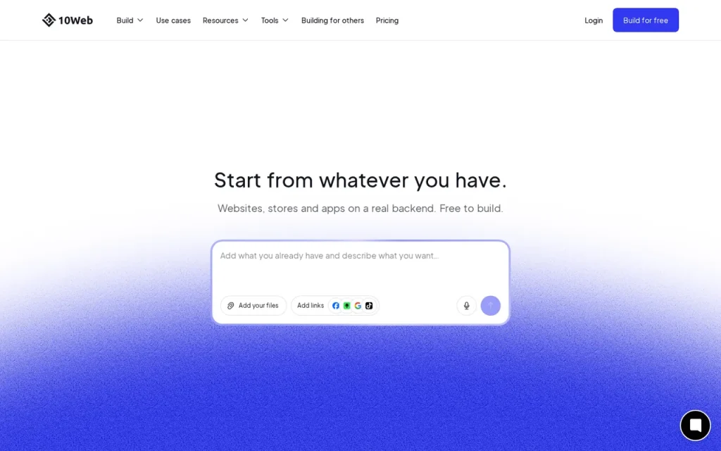10Web homepage with the headline Start from whatever you have and a prompt box with file and link inputs