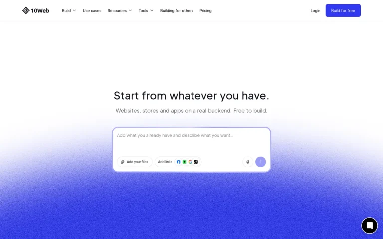 10Web homepage with the headline Start from whatever you have and a prompt box with file and link inputs