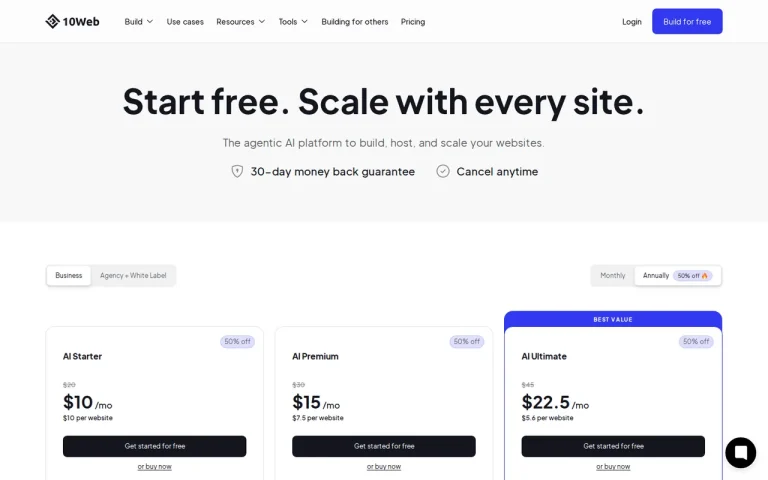 10Web pricing page in annual view with AI Starter, AI Premium and AI Ultimate plan cards and the 30-day money back guarantee line