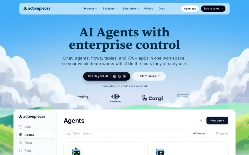 Activepieces homepage with the headline AI Agents with enterprise control and a preview of the Agents list