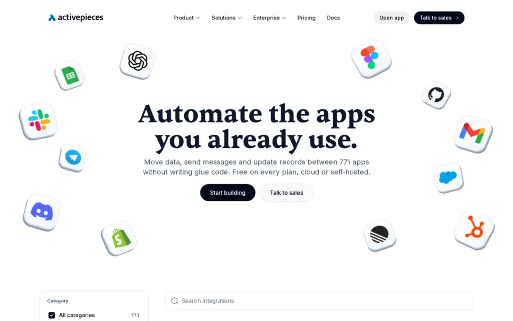 Activepieces integrations page with the headline Automate the apps you already use and app icons around it