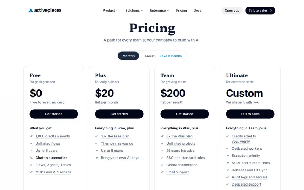Activepieces pricing page with four plan cards: Free at $0, Plus at $20, Team at $200 and Ultimate at a custom price