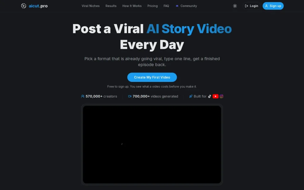 Aicut homepage headline Post a Viral AI Story Video Every Day with the Create My First Video button