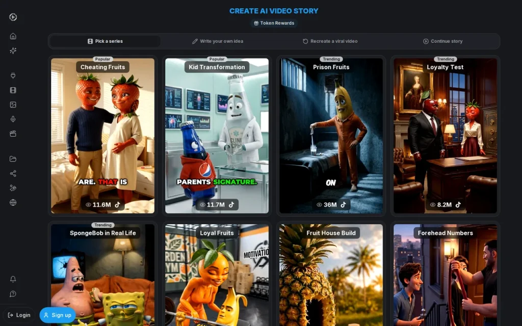 Aicut AI Video Story creator showing story series cards such as Cheating Fruits and Prison Fruits, with a Recreate a viral video tab