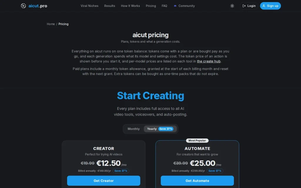 Aicut pricing page with Creator and Automate plan cards in the yearly billing view