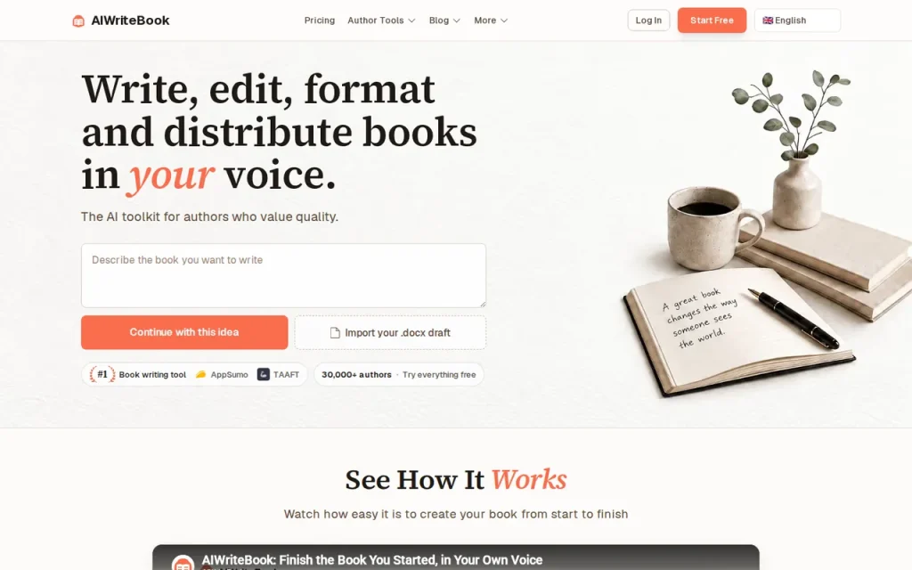 AIWriteBook homepage screenshot showing the official landing page