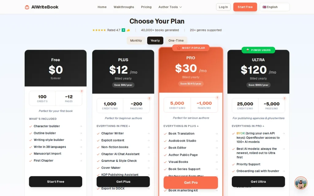 AIWriteBook official pricing page screenshot with plan names